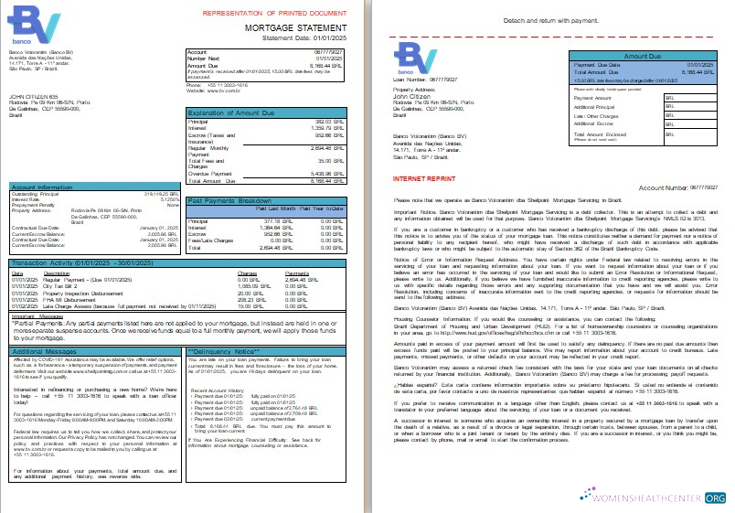 Download Brazil Banco Votorantim bank mortgage statement, 3 pages, 1 2 scr Photoshop template